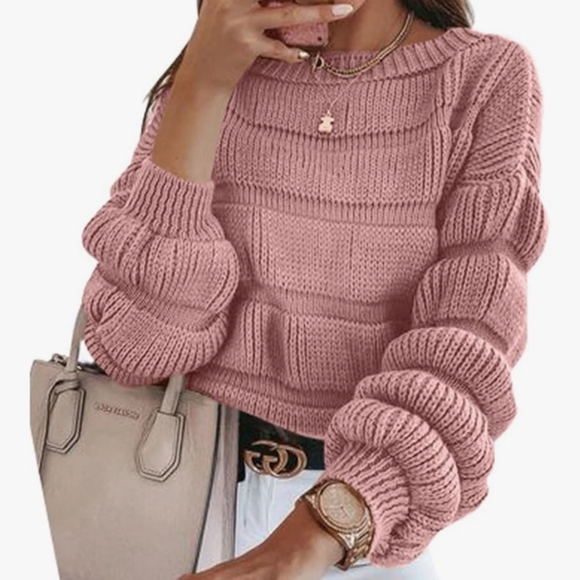 PrettyGarden Sweaters - PrettyGarden Elegant Pink Ribbed Sweater Striped Mauve Classic Casual Work S
